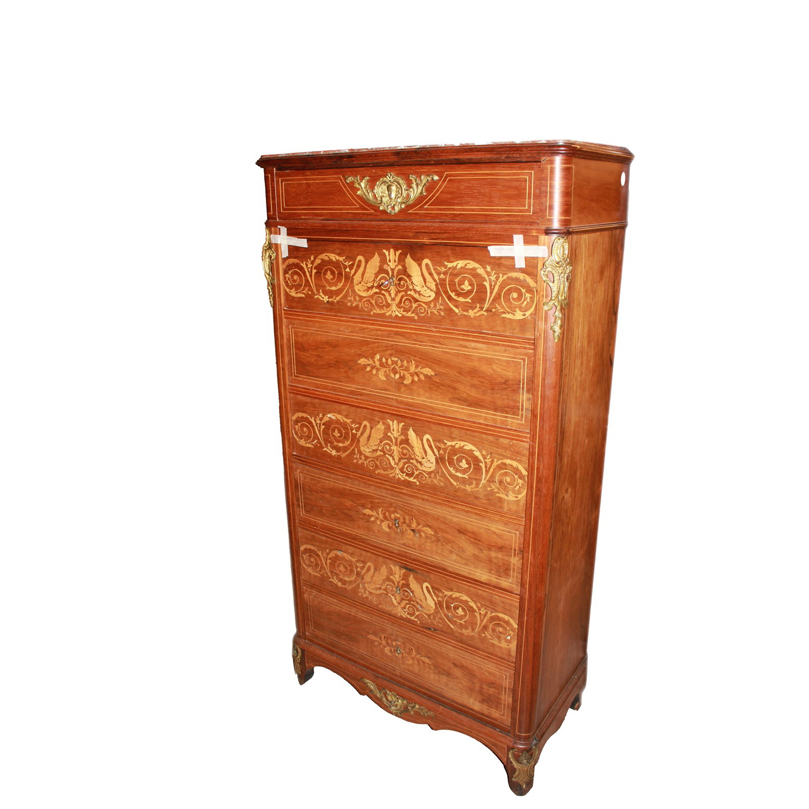 Precioso Secreter Carlo X en madera de Palosanto ricamente intarsiatato